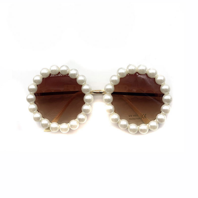 Brown Pearl-Strewn Retro Round-Frame Sunglasses