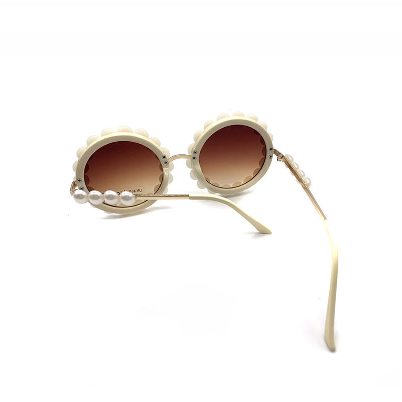Pearl-Strewn Retro Round-Frame Sunglasses Beige Frame Brown Lens