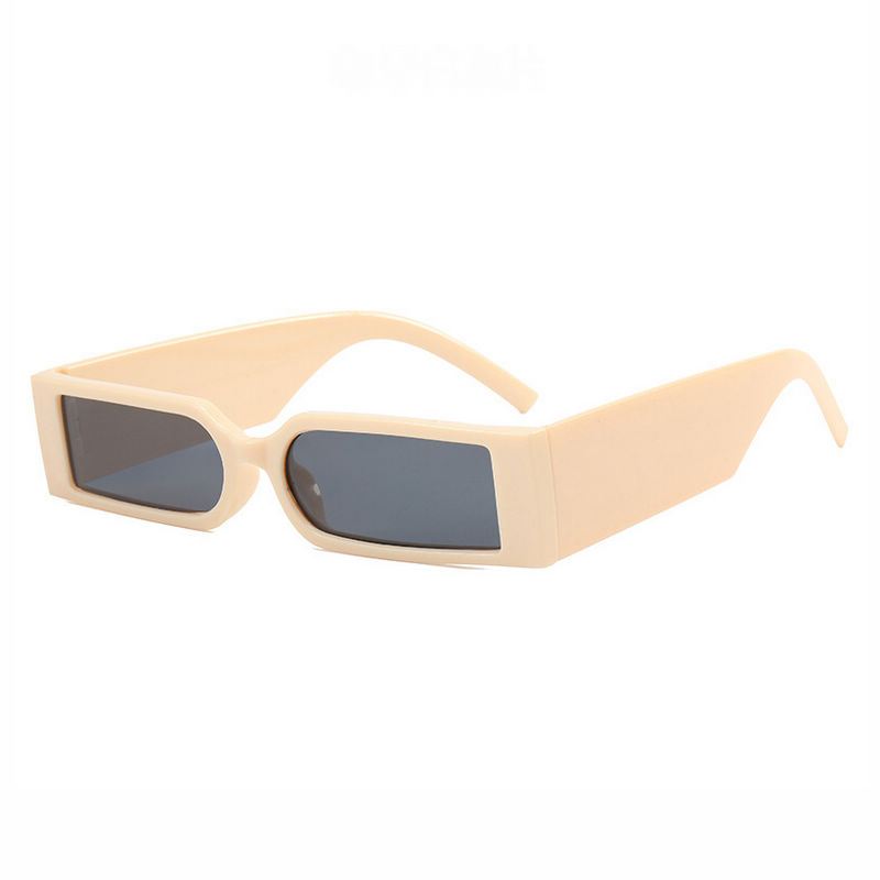 Retro Narrow Small Rectangular Sunglasses Ivory White Frame Grey Lens