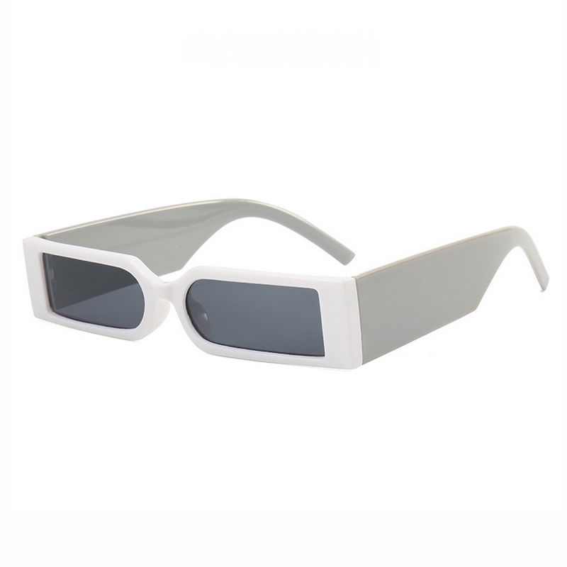 Retro Narrow Small Rectangular Sunglasses White Grey Frame Grey Lens