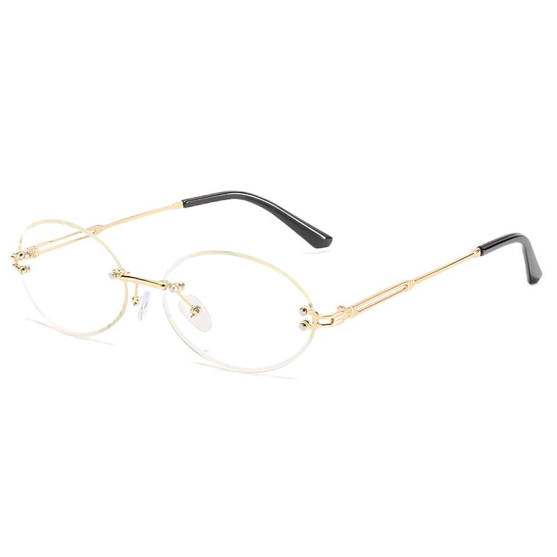 Womens Frameless Oval Plain Glasses Gold-Tone Cutout Metal Arms Clear Lens