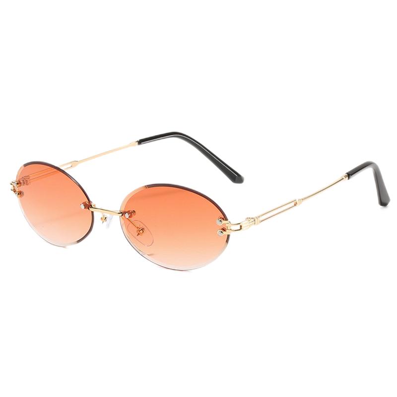 Womens Frameless Oval Sunglasses Gold-Tone Cutout Metal Arms Gradient Orange Lens