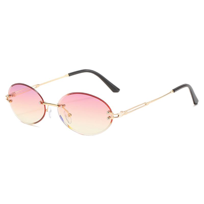 Womens Frameless Oval Sunglasses Gold-Tone Cutout Metal Arms Pink Yellow Lens