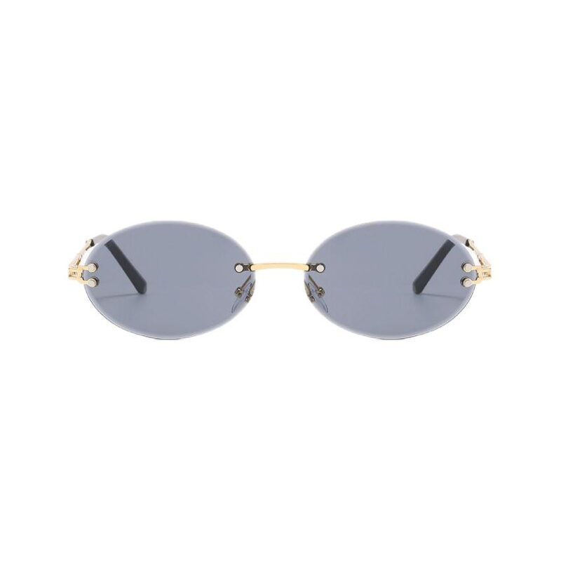 Womens Rimless Oval Sunglasses Gold-Tone Cutout Metal Arms Grey Lens