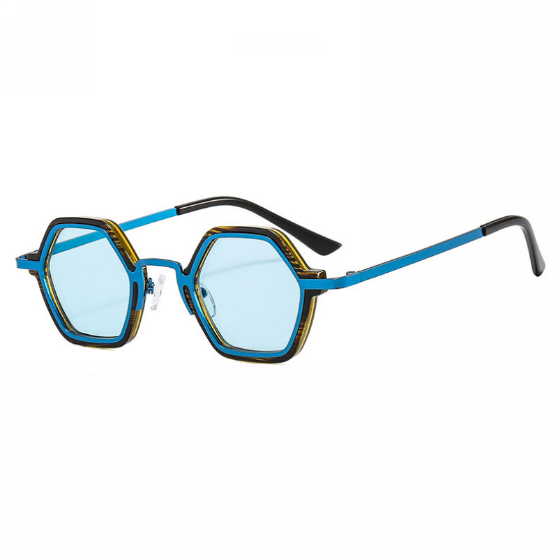 Acetate & Metal Small Geometric Hexagonal Shaped Sunglasses Brown Frame Blue Lens