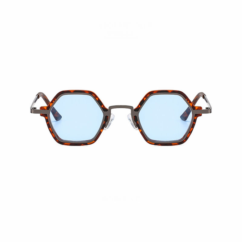 Acetate & Metal Small Geometric Hexagonal Shaped Sunglasses Leopard/Blue
