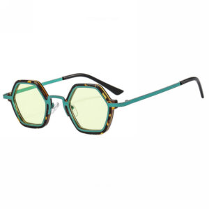 Acetate & Metal Small Geometric Hexagonal Shaped Sunglasses Leopard Frame Green Lens