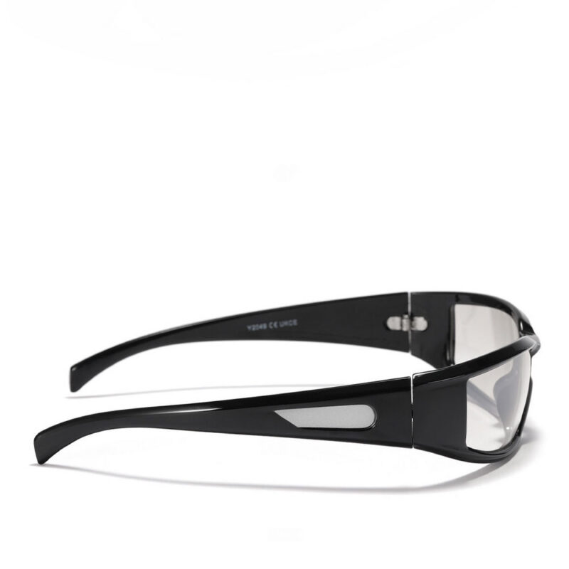 Acetate Wrap-Around Motorcycle Sunglasses Shiny Black Frame Mirrored Silver Lens
