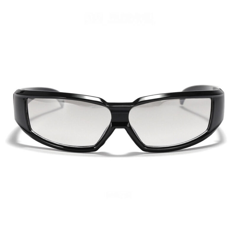 Acetate Wrap-Around Motorcycle Sunglasses Shiny Black/Mirror Silver