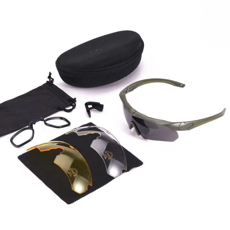 Army Green Frameless Wraparound Safety Tactical Sunglasses with 3 Interchangeable Lens Set
