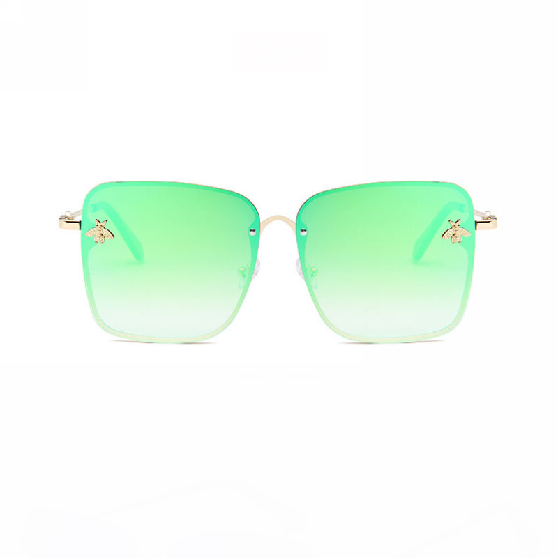 Bee-Embellished Metal Big Square Womens Sunglasses Gold-Tone/Mirror Green