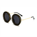 Black Rhinestone-Embellished Oversize Round Sunglasses For Women