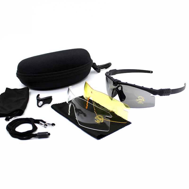 Black Semi-Rimless Tactical Glasses with 3 Interchangeable Lenses Set