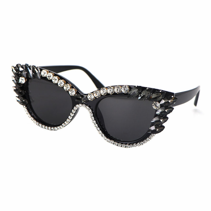 Bling Crystal-Embellished Cat-Eye Womens Sunglasses Black/Grey