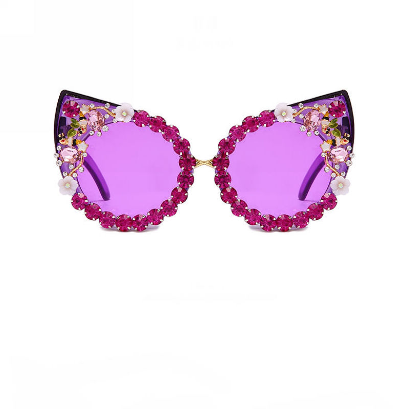 Bling Jeweled Cat-Eye Sunglasses Purple Plastic Frame