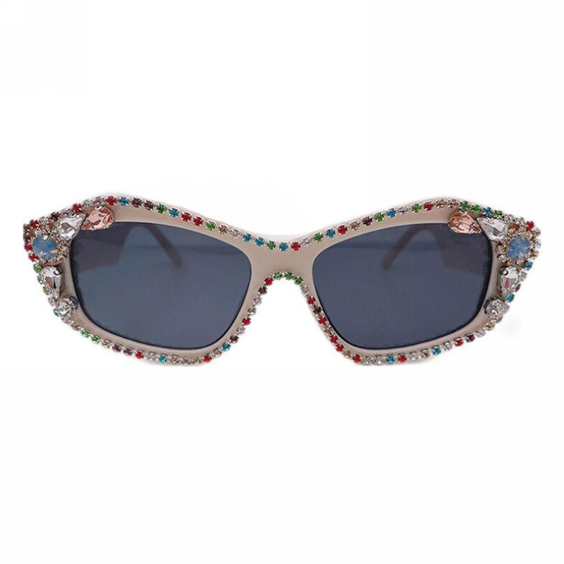 Bling Rhinestone Embellished Square Frame Sunglasses Beige