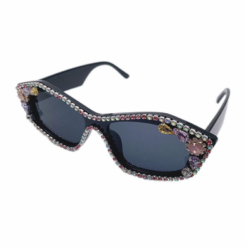 Bling Rhinestone Embellished Square Frame Sunglasses Black/Grey