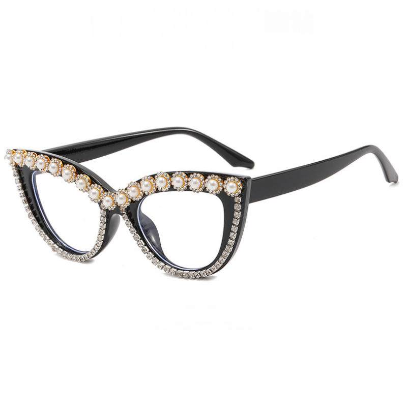 Bling Rhinestone Pearl Trim Cat-Eye Womens Plain Glasses Black Frame Clear Lens