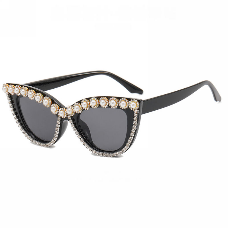 Bling Rhinestone Trim Cat-Eye Womens Sunglasses Black Frame Grey Lens