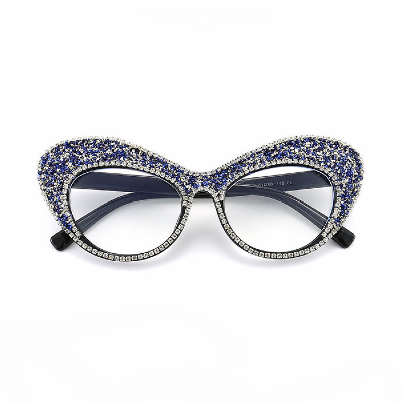 Blue Crystal-Embellished Cat-Eye Acetate Plain Glasses Black/Clear
