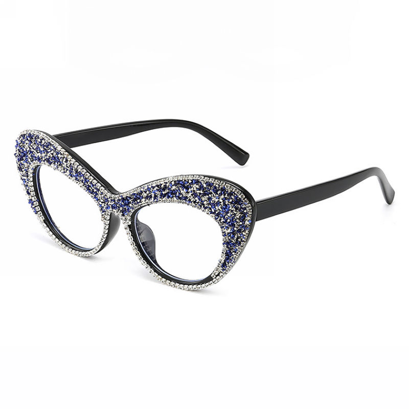 Blue Crystal-Embellished Cat-Eye Acetate Plain Glasses