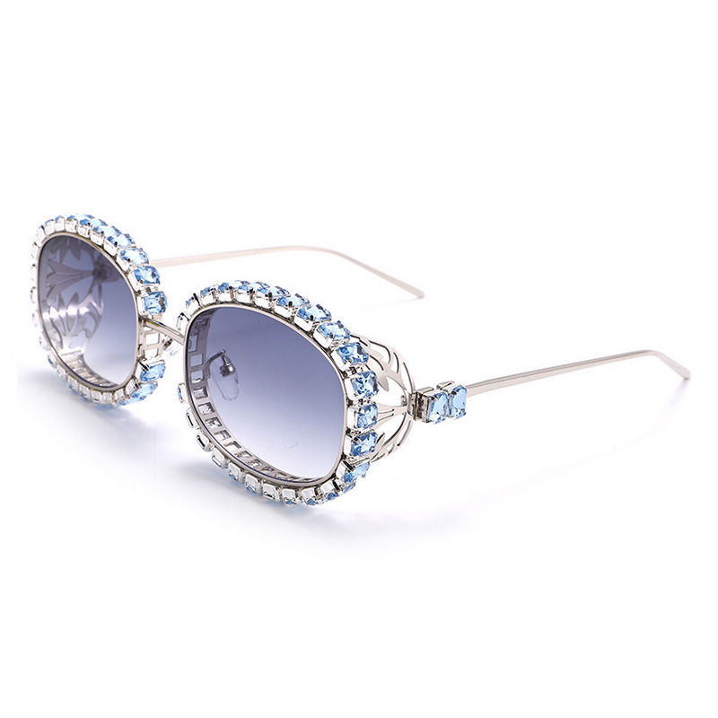 Blue Cutout Crystal-Embellished Gradient Oval Sunglasses Silver-Tone/Gradient Grey