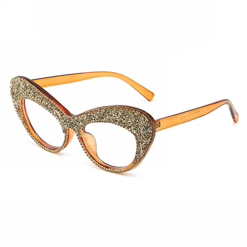 Brown Crystal-Embellished Cat-Eye Acetate Plain Glasses
