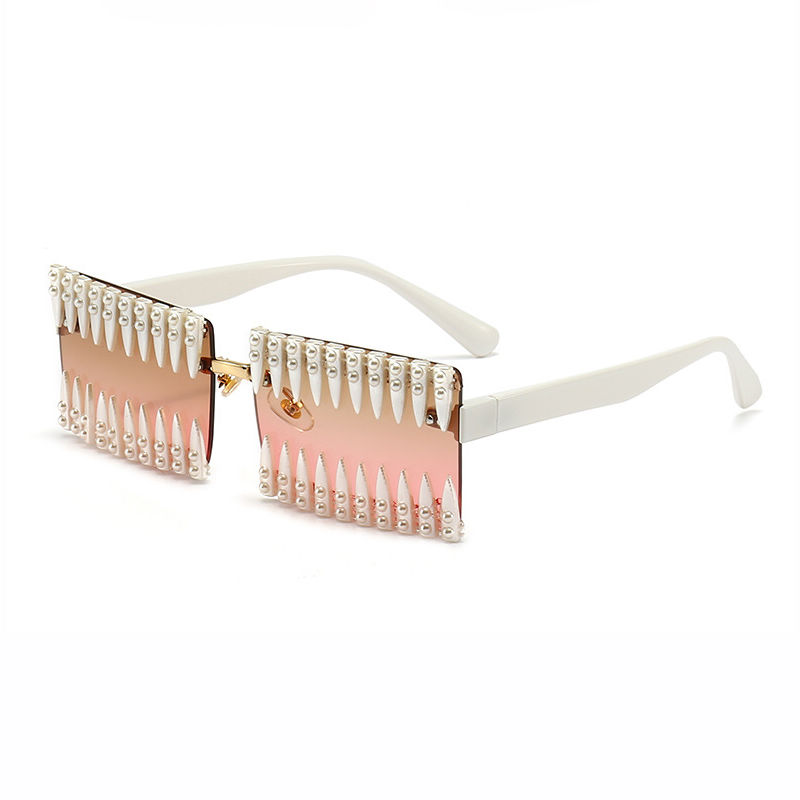 Brown Pink Handmade Pearl Spiked Decor Square Sunglasses