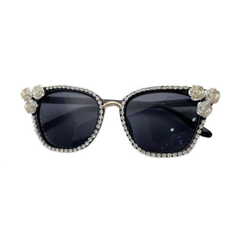 Camellia Crystal Rhinestone Embellished Cat-Eye Square Sunglasses Black/Grey