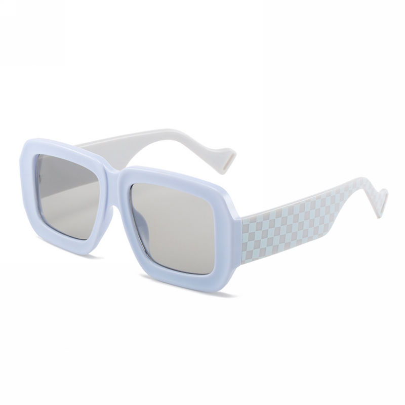 Checkerboard Acetate Thick Frame Rectangular Sunglasses Baby Blue/Grey