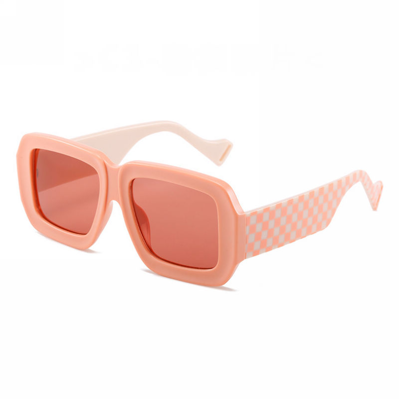 Checkerboard Acetate Thick Frame Rectangular Sunglasses Pink/Pink