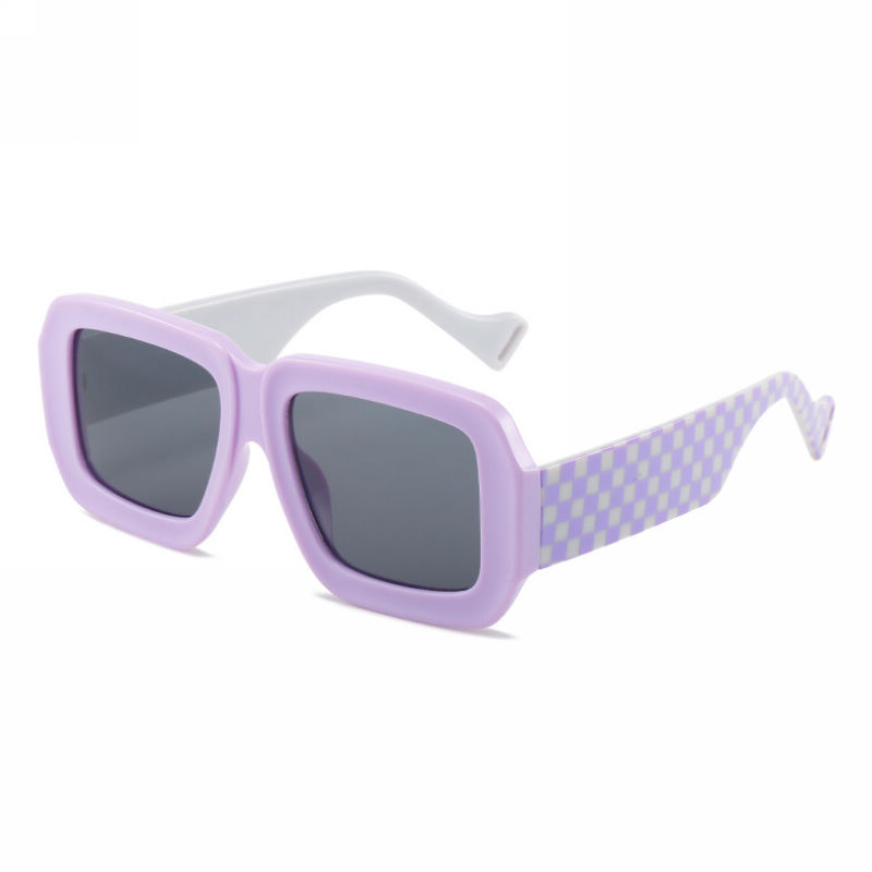 Checkerboard Acetate Thick Frame Rectangular Sunglasses Violet/Grey