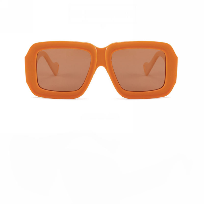 Checkerboard Orange Acetate Thick Frame Rectangular Sunglasses Brown Lens