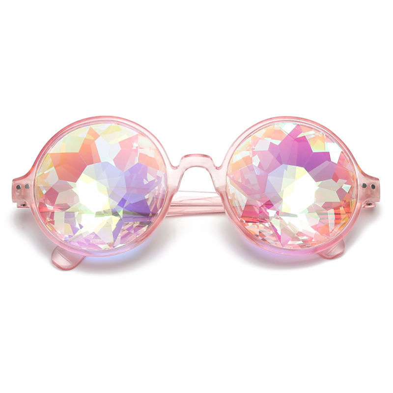 Crystal Kaleidoscope Lens Round Rave Glasses Pink Frame