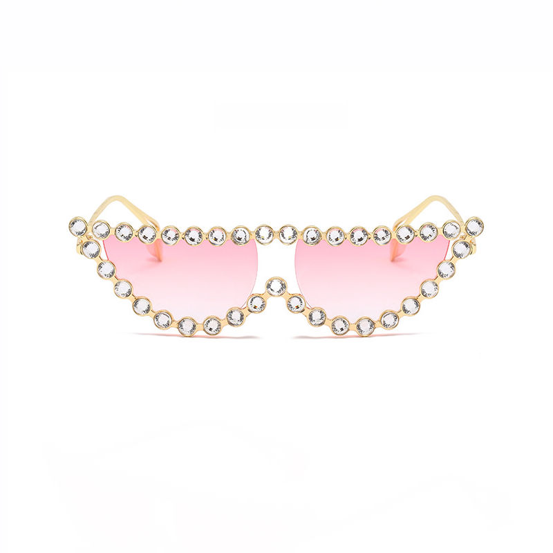 Crystal Pearl Gold-Tone Metal Frame Cat Eye Sunglasses Gold Frame Pink Lens