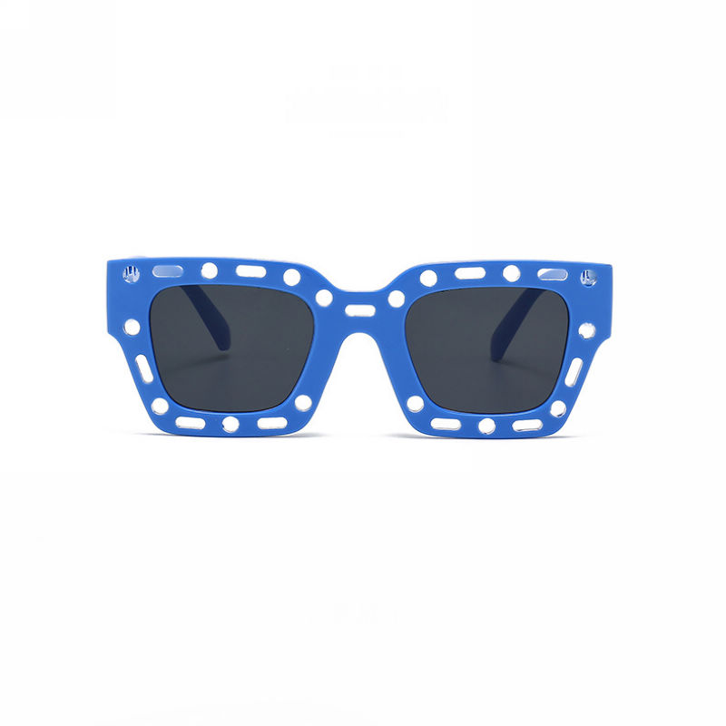 Cut-Out Detailing Womens Square Sunglasses Blue Frame Grey Lens
