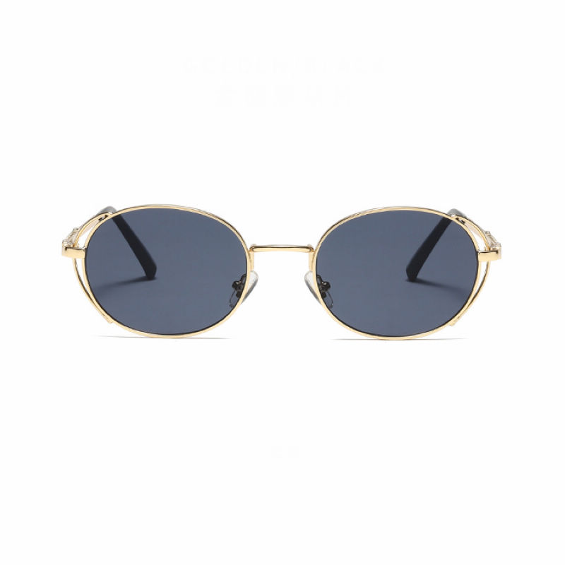 Cut-Out Frame Steampunk Round Sunglasses Gold-Tone/Grey
