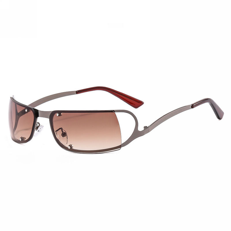 Cut-Out Lens Metal Rectangle Frame Sunglasses Gun Grey/Gradient Brown