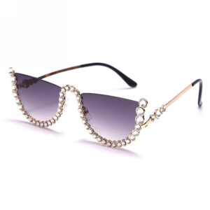 Decorative Crystal Rhinestones Semi-Rimless Cat-Eye Sunglasses Gradient Grey
