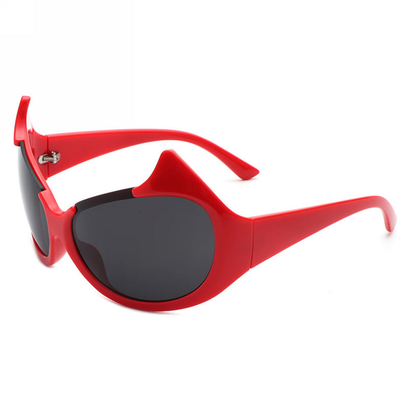 Devil Horn Oversized Cat-Eye Shape Acetate Sunglasses Red Frame Grey Lens