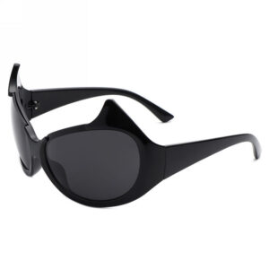 Devil Horn Oversized Cat-Eye Shape Acetate Sunglasses Shiny Black Frame Grey Lens