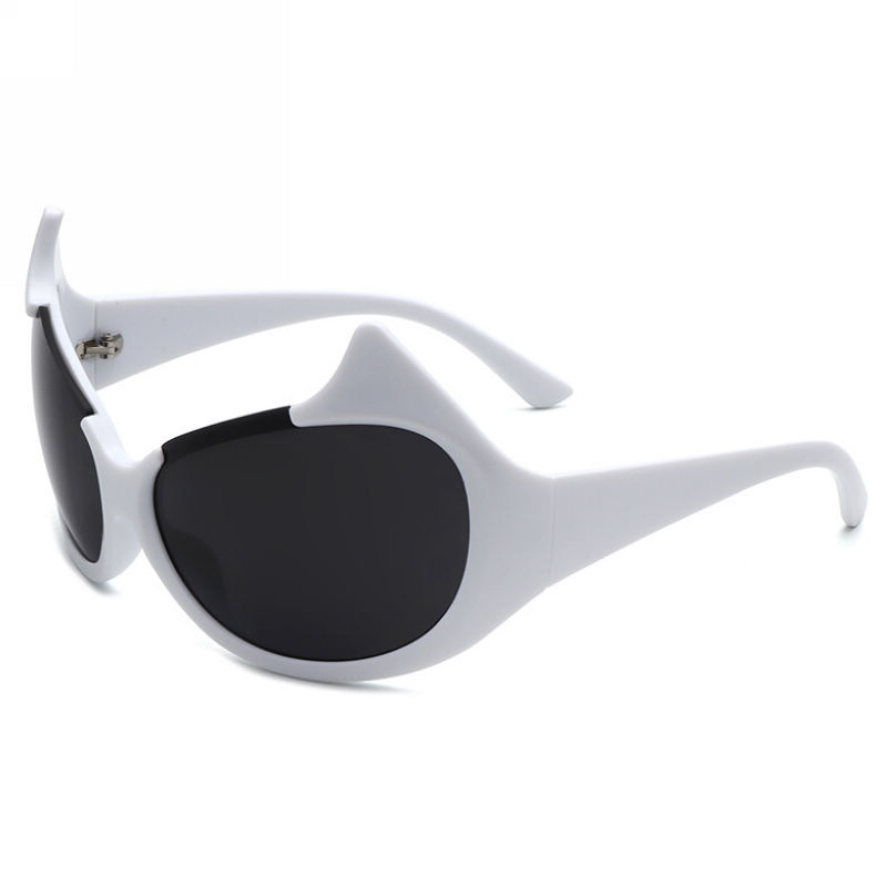Devil Horn Oversized Cat-Eye Shape Acetate Sunglasses White Frame Grey Lens