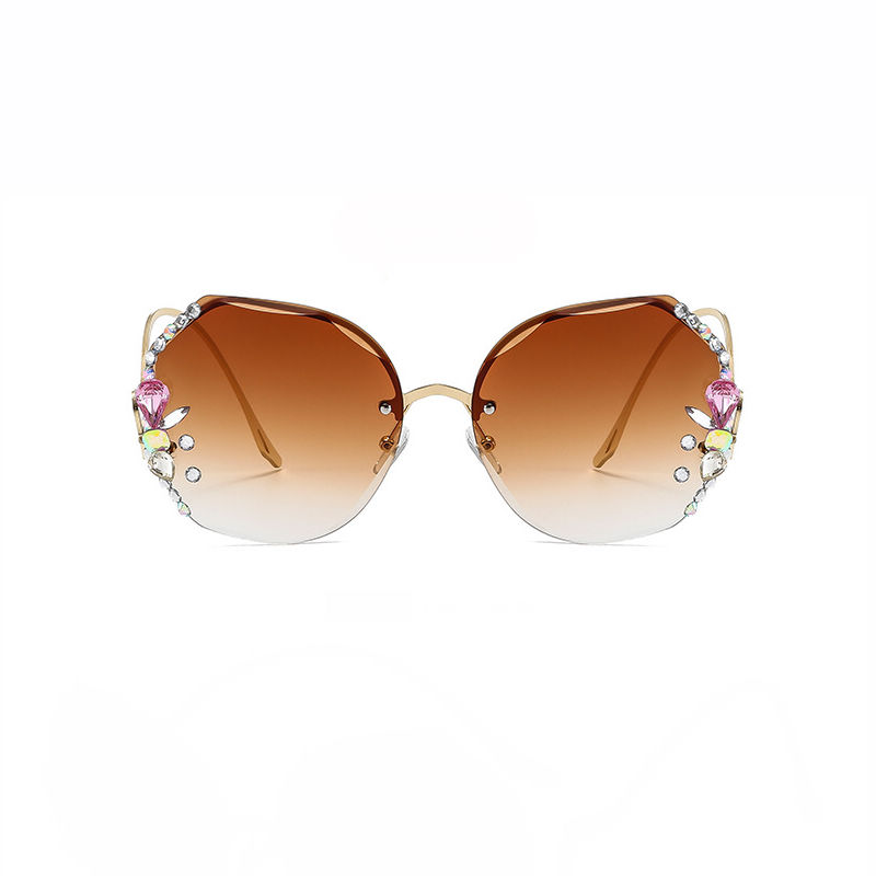 Diamond & Floral Womens Upside Down Geometric Frameless Sunglasses Gold-Tone/Gradient Brown