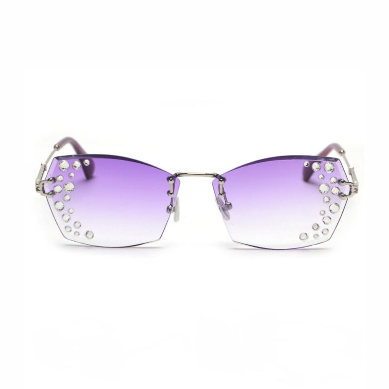 Diamonds-Embellished Lens Frameless Cut-Edge Sunglasses Silver Metal Arms Gradient Purple Lens