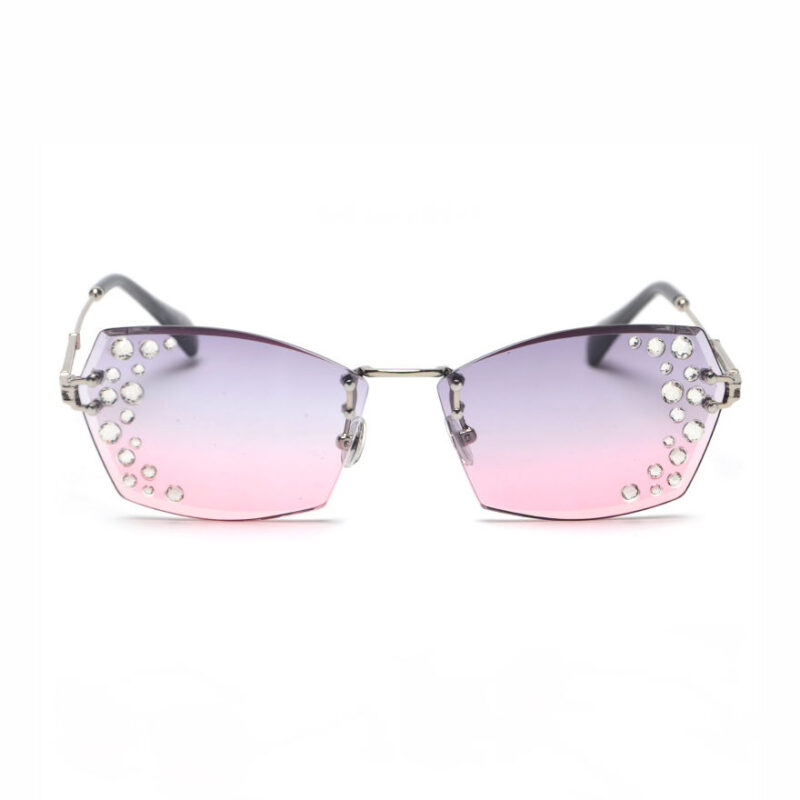 Diamonds-Embellished Lens Frameless Cut-Edge Sunglasses Silver-Tone/Grey Pink