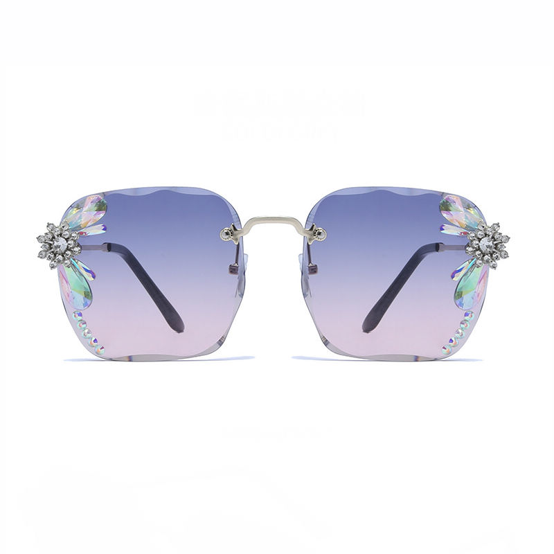 Floral & Rhinestone Rimless Square Sunglasses Gold-Tone/Grey Pink