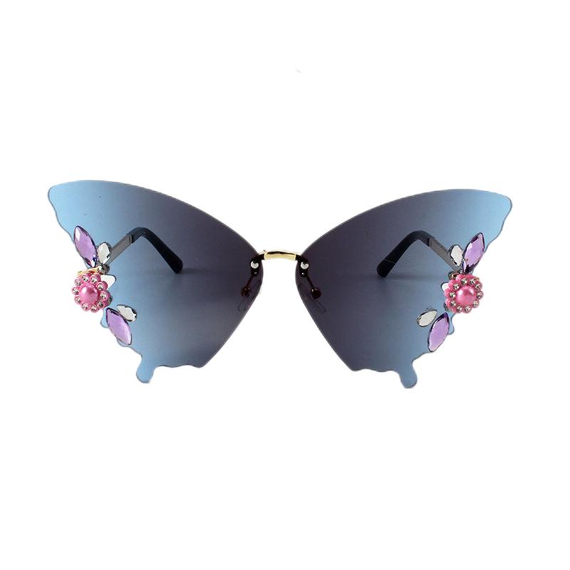 Floral & Rhinestones Gradient Grey Blue Rimless Butterfly Sunglasses Gold-Tone Arms