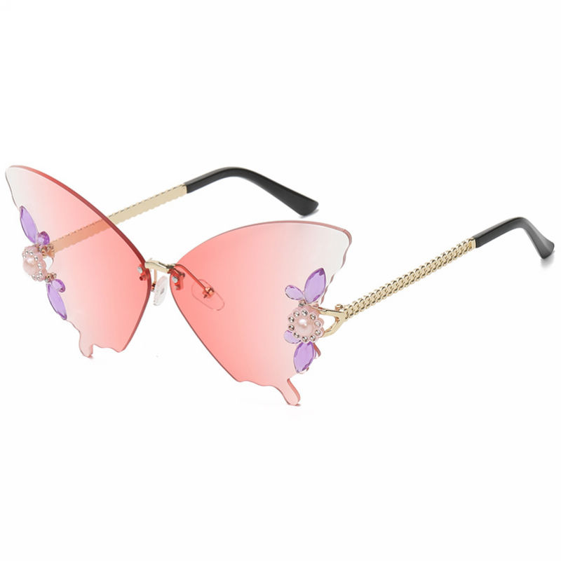 Floral & Rhinestones Gradient Pink Lens Rimless Butterfly Sunglasses