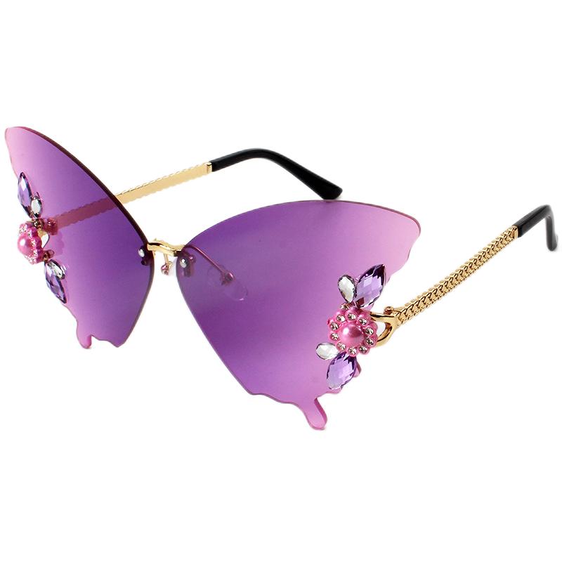 Floral & Rhinestones Gradient Purple Rimless Butterfly Sunglasses