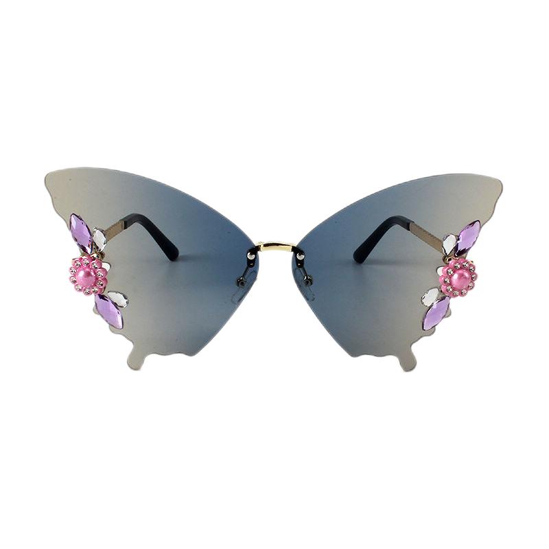Floral & Rhinestones Gradient Rimless Butterfly Sunglasses Gold-Tone/Blue Yellow